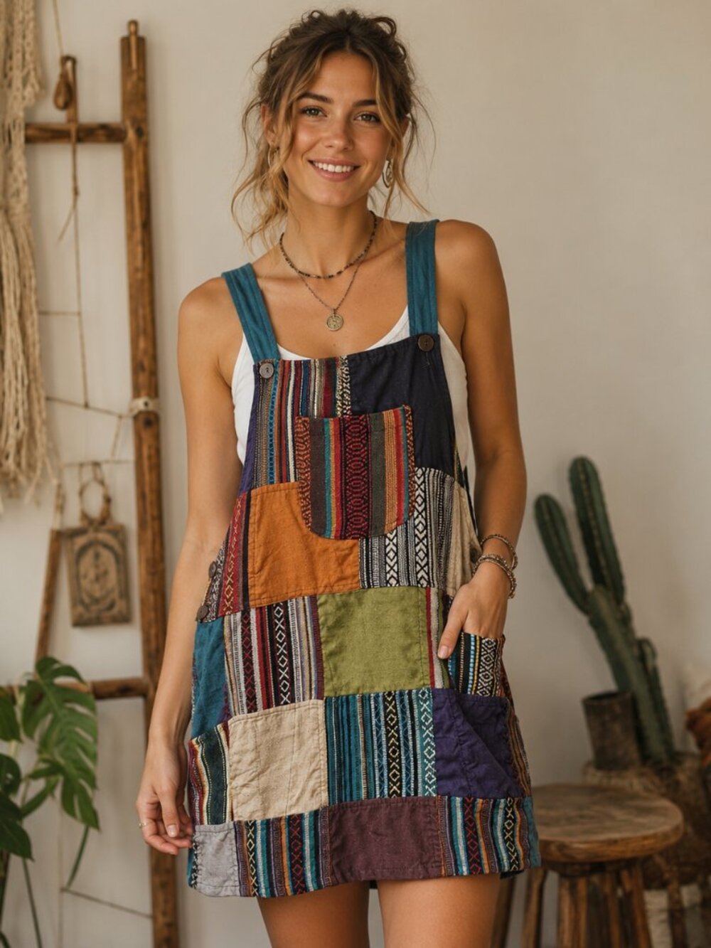 Mini Overall Dress Patchwork Handmade Cotton Boho Blue/Orange 5 Pockets NWT